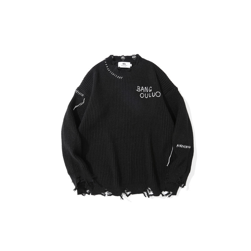 Ripped Embroidered Cardigan Sweater | Dark Streetwear