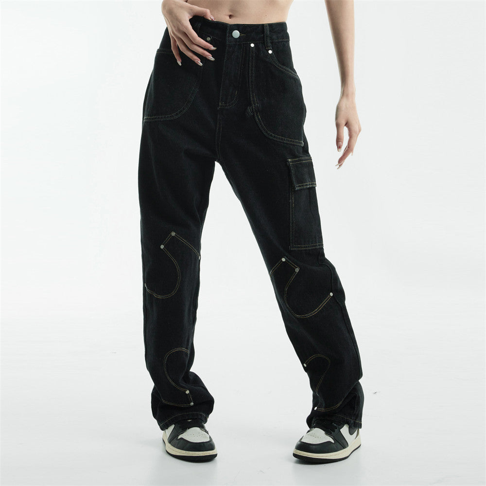 Irregular Pattern Stitched Black Denim Jeans | Streetwear