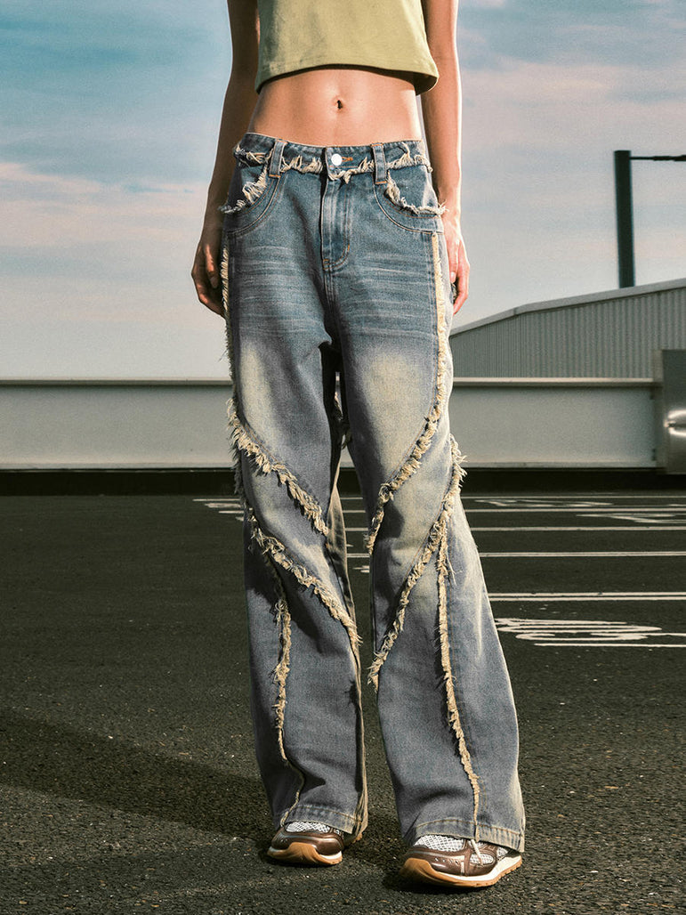 Irregular Stitch Washed Baggy Jeans | Premium Denim
