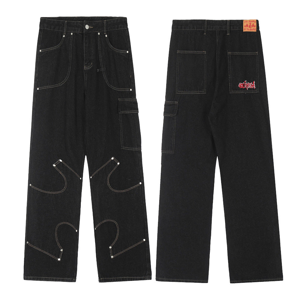 Irregular Pattern Stitched Black Denim Jeans | Streetwear