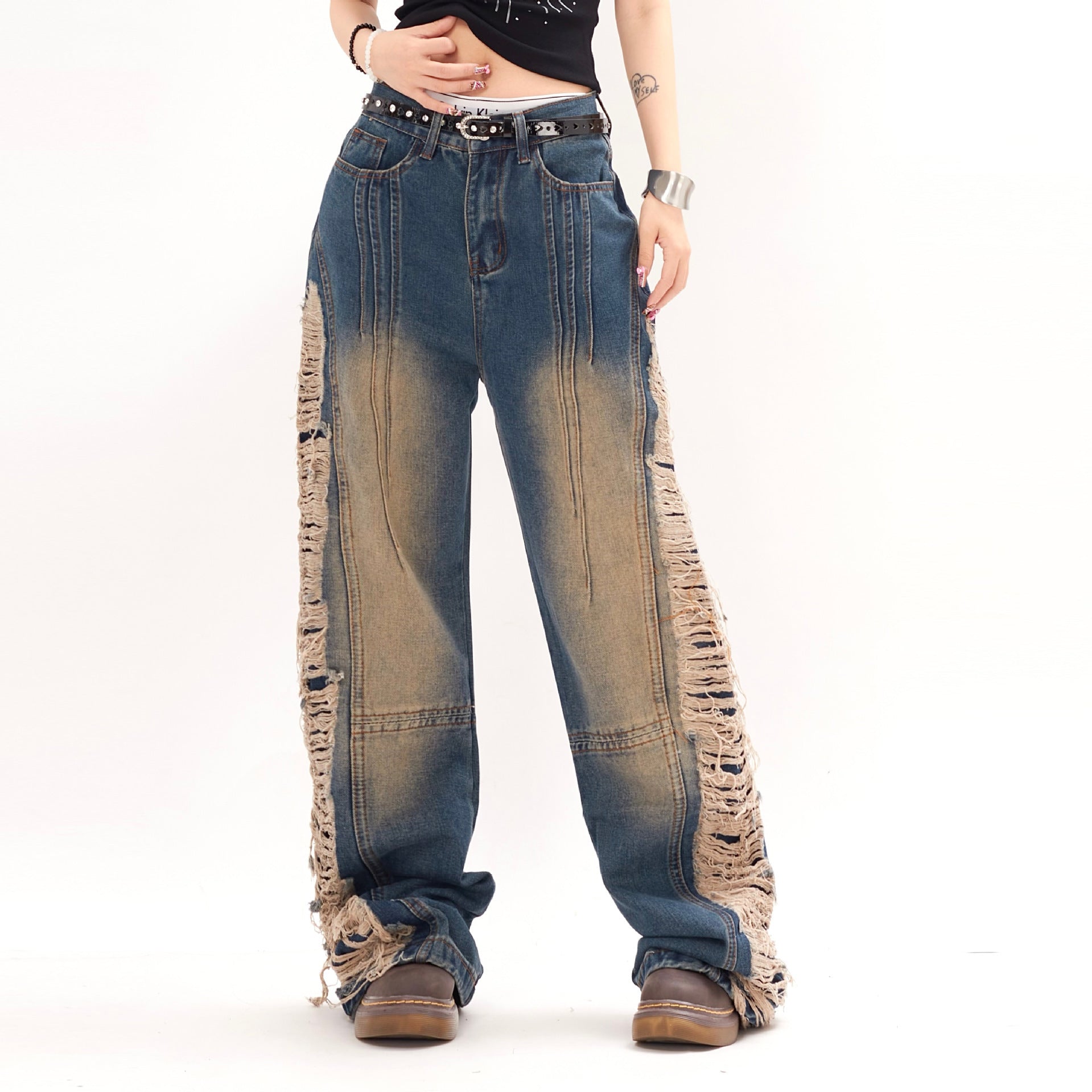 D-vine Side-Ripped Baggy Jeans in blue - front view