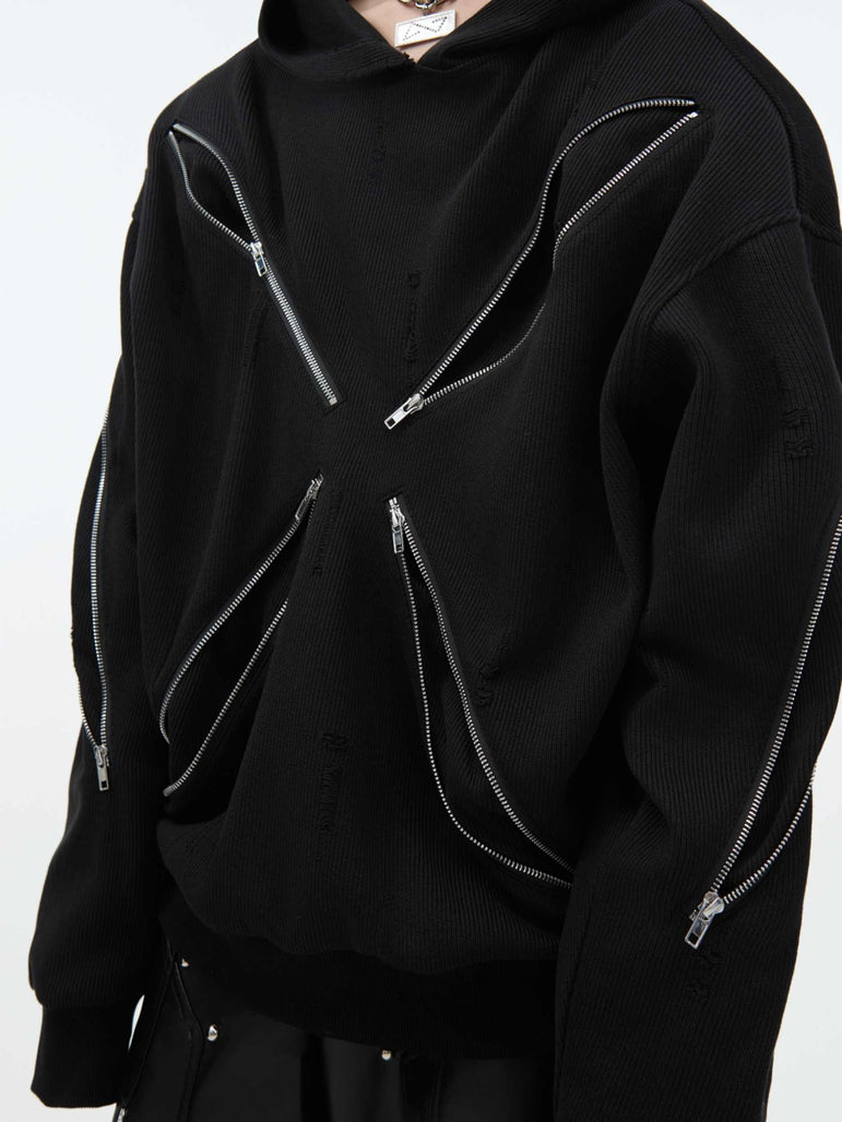 D-vine Multi-Zipper Pullover Hoodie - zipper pocket detail