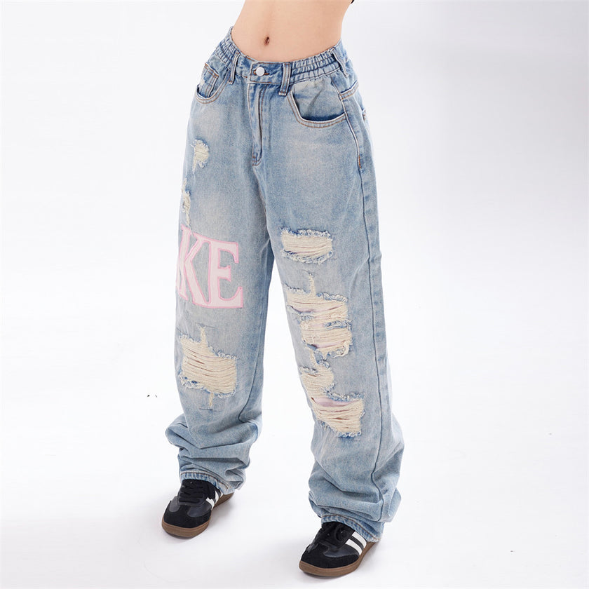 D-vine Unisex Ripped Beggar Denim Jeans in blue - front view