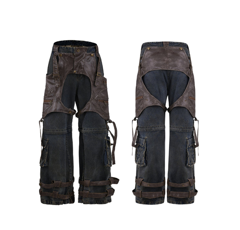 Pair of dark brown and black pants with multiple pockets on a white background