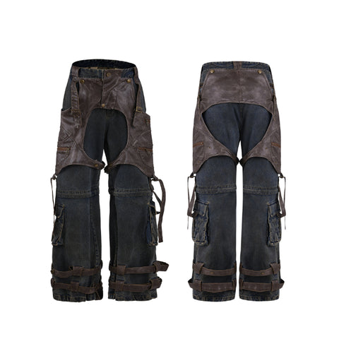 Pair of dark brown and black pants with multiple pockets on a white background