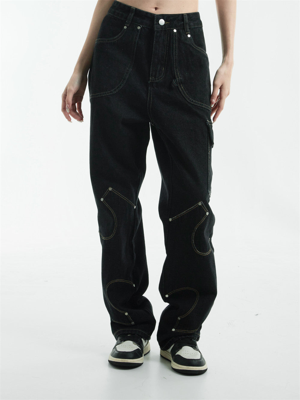 Irregular Pattern Stitched Black Denim Jeans | Streetwear