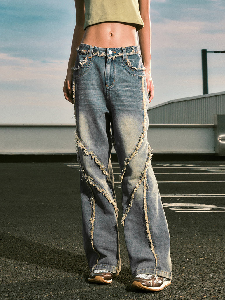 Irregular Stitch Washed Baggy Jeans | Premium Denim