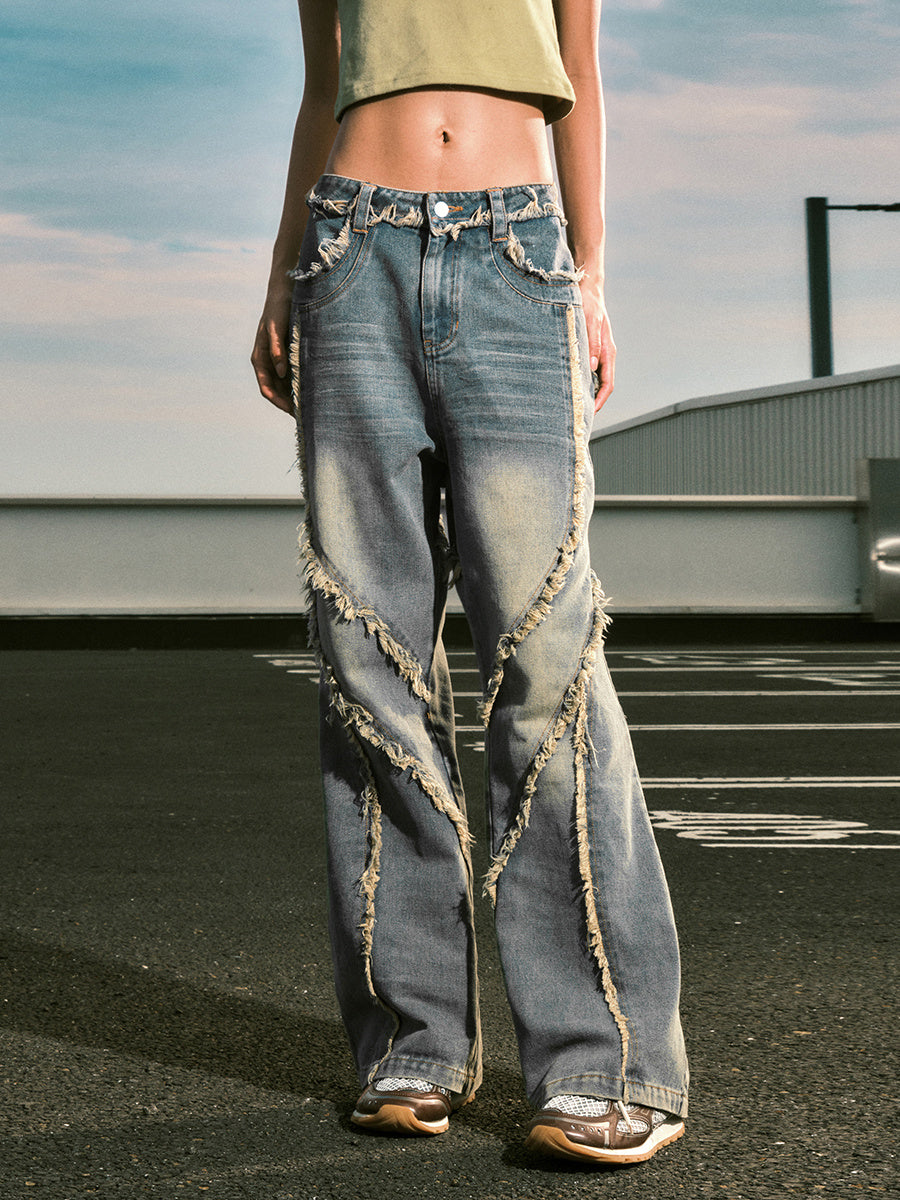 Retro Irregular Stitched Washed Jeans