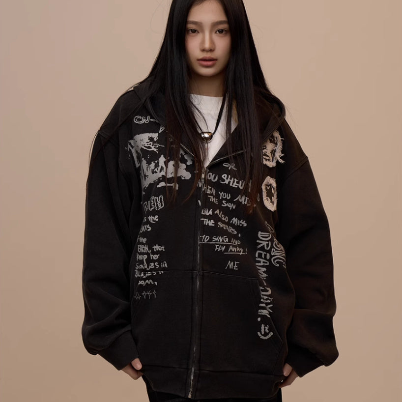 Letter Printed Black Hooded Zipper Coat