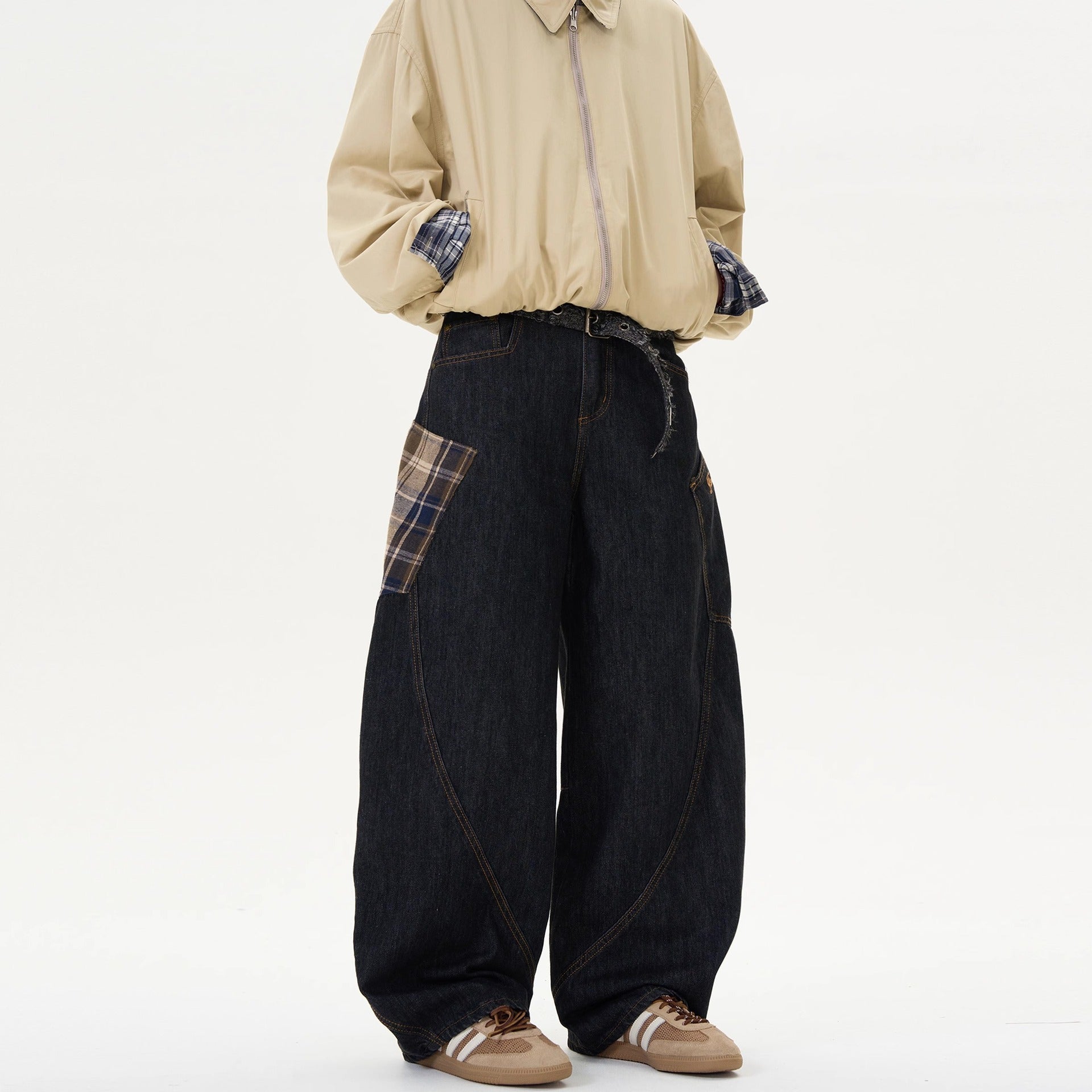 Retro Plaid Straight-Leg Loose Jeans | Cotton Denim