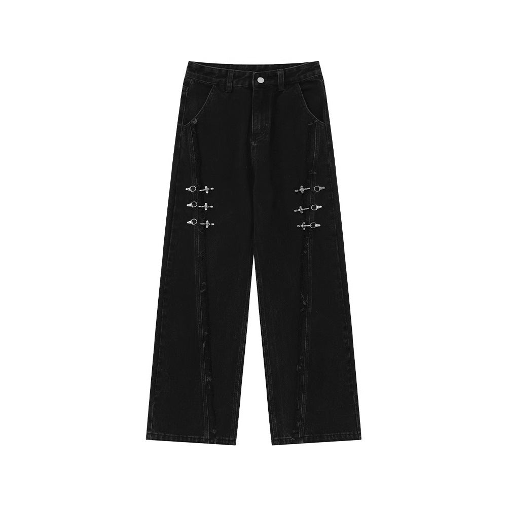 Buckle Raw Hem Baggy Jeans | Retro Streetwear Denim