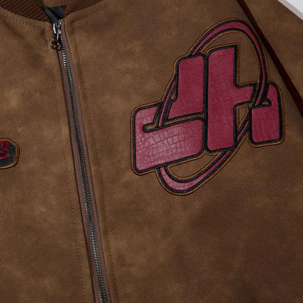 D-vine Embroidered PU Leather Jacket - brown colourway back view