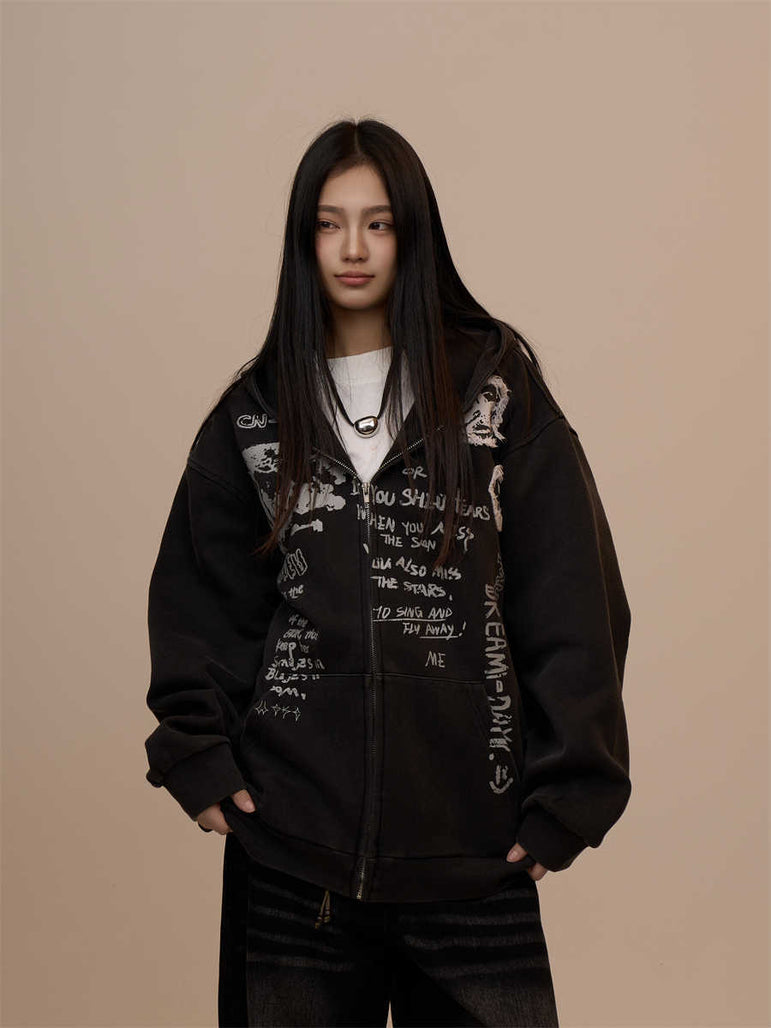 Letter Printed Black Hooded Zipper Coat