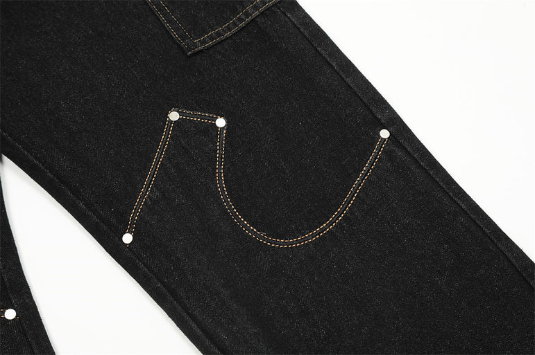 Irregular Pattern Stitched Black Denim Jeans | Streetwear