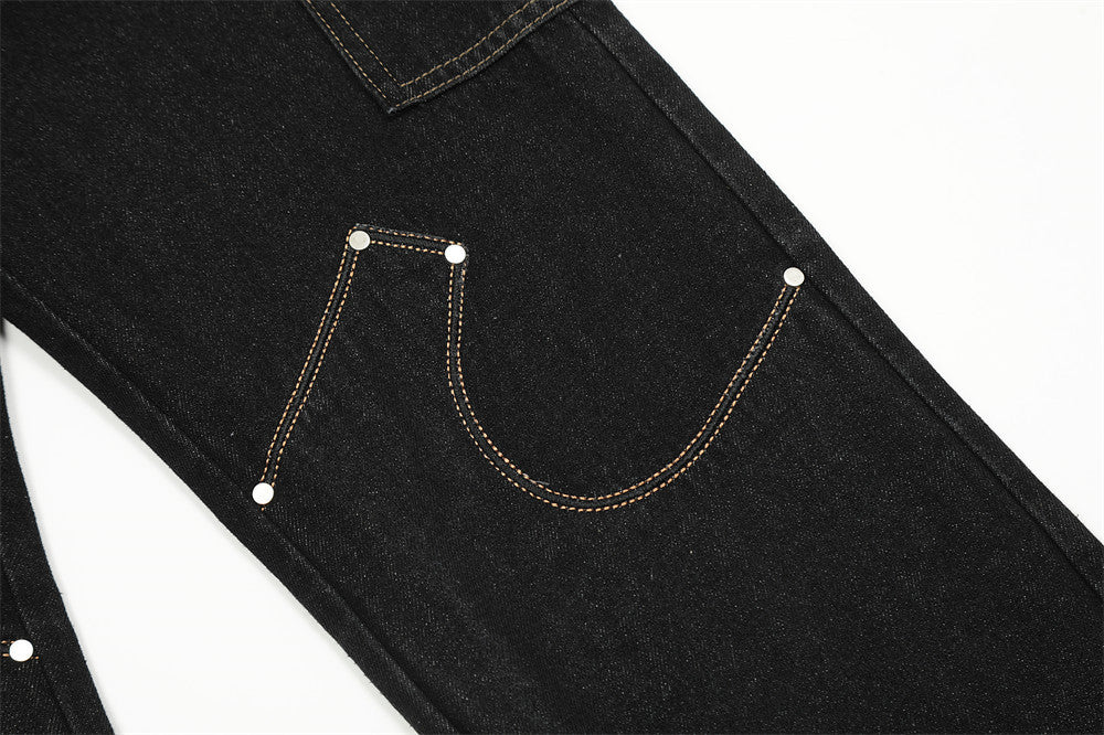 Irregular Pattern Stitched Black Denim Jeans | Streetwear