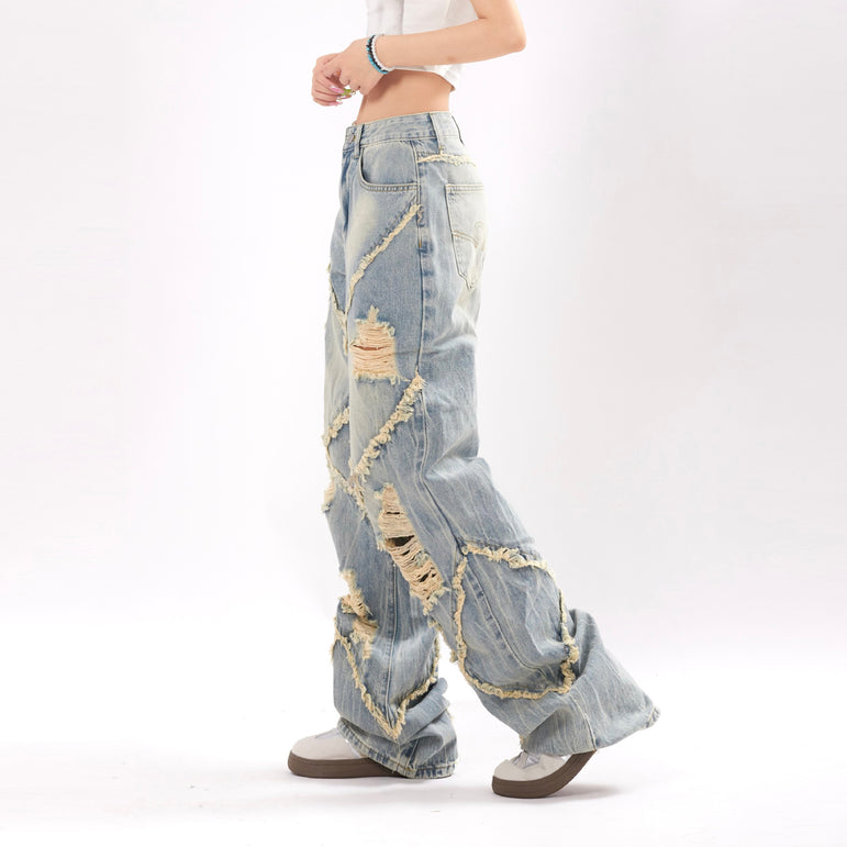 Ripped Stitching Denim Jeans | Distressed Streetwear