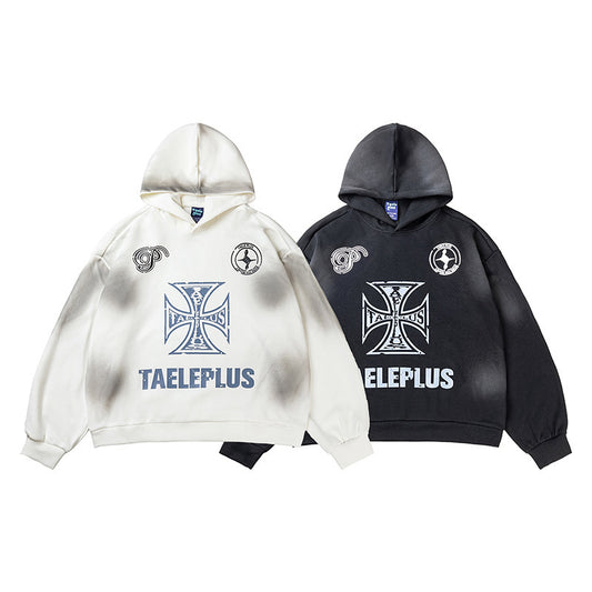 Vintage Cross Letter Printed Distressed Hoodies