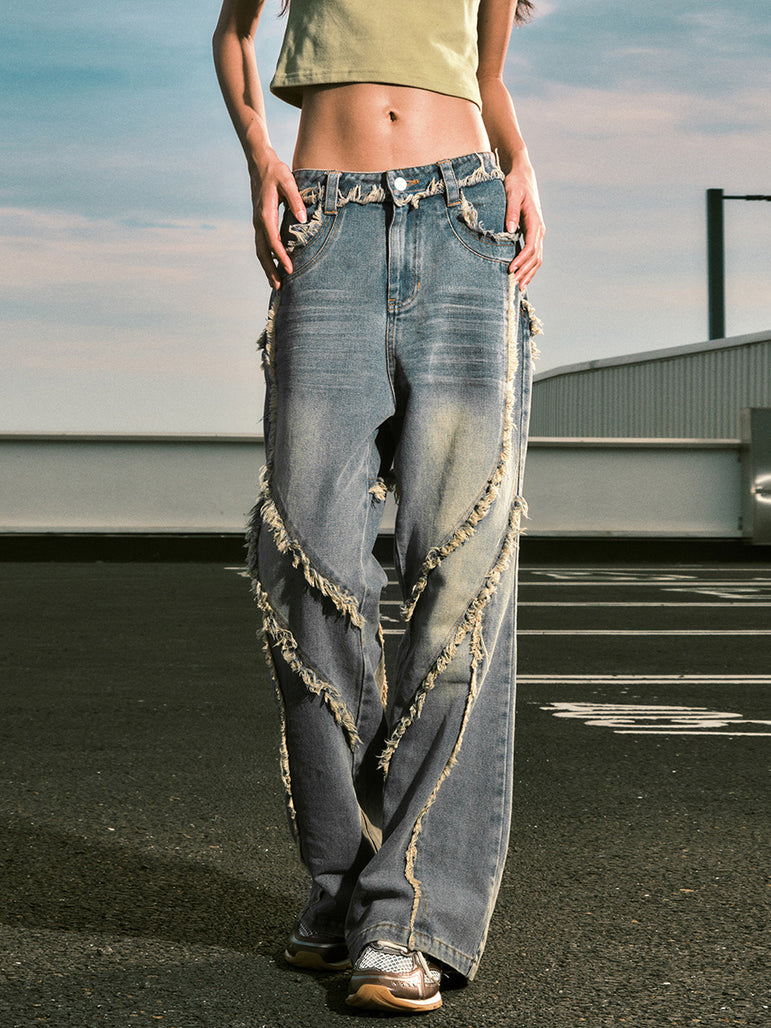 Irregular Stitch Washed Baggy Jeans | Premium Denim