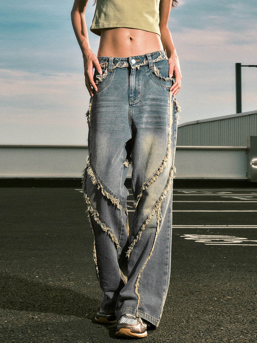 Retro Irregular Stitched Washed Jeans