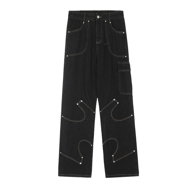 Irregular Pattern Stitched Black Denim Jeans | Streetwear