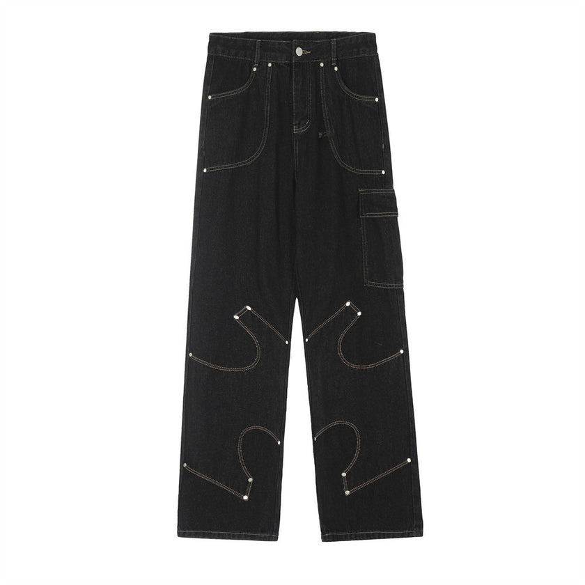 Irregular Pattern Stitched Black Denim Jeans | Streetwear