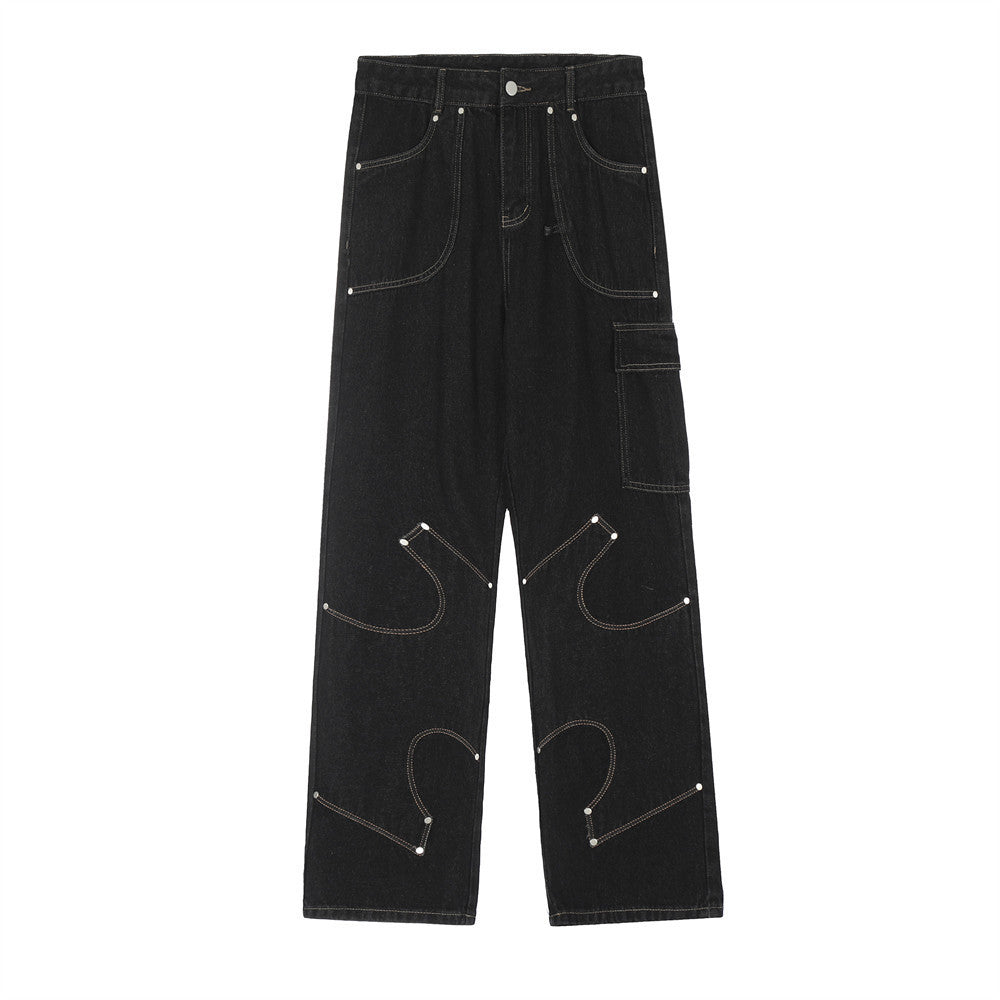 Irregular Pattern Stitched Black Denim Jeans | Streetwear