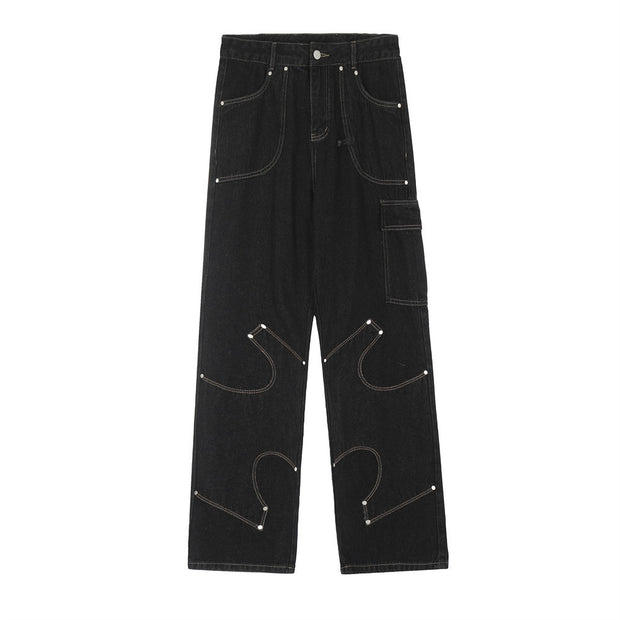 Irregular Pattern Stitched Black Denim Jeans | Streetwear