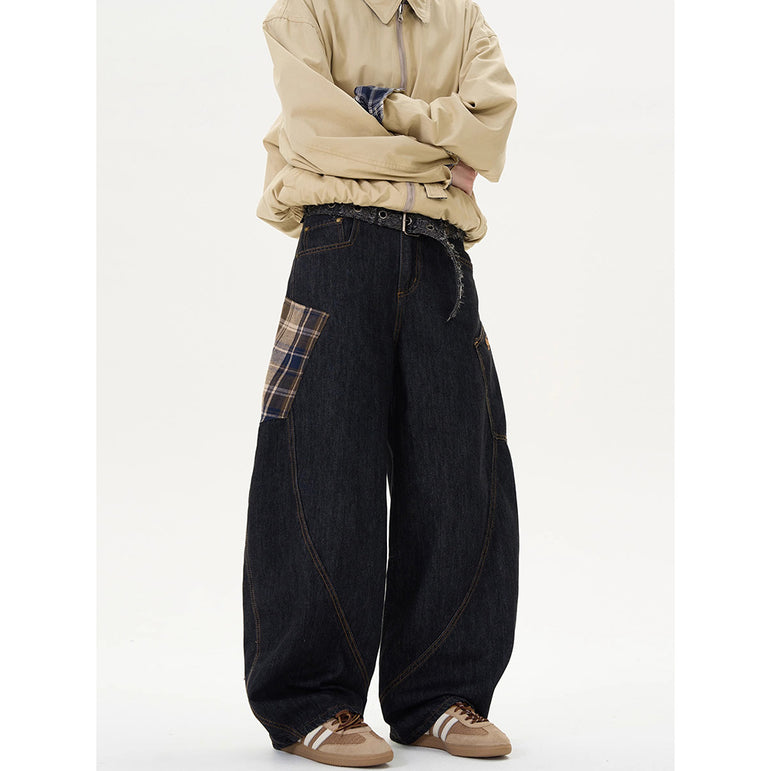 Retro Plaid Straight-Leg Loose Jeans | Cotton Denim