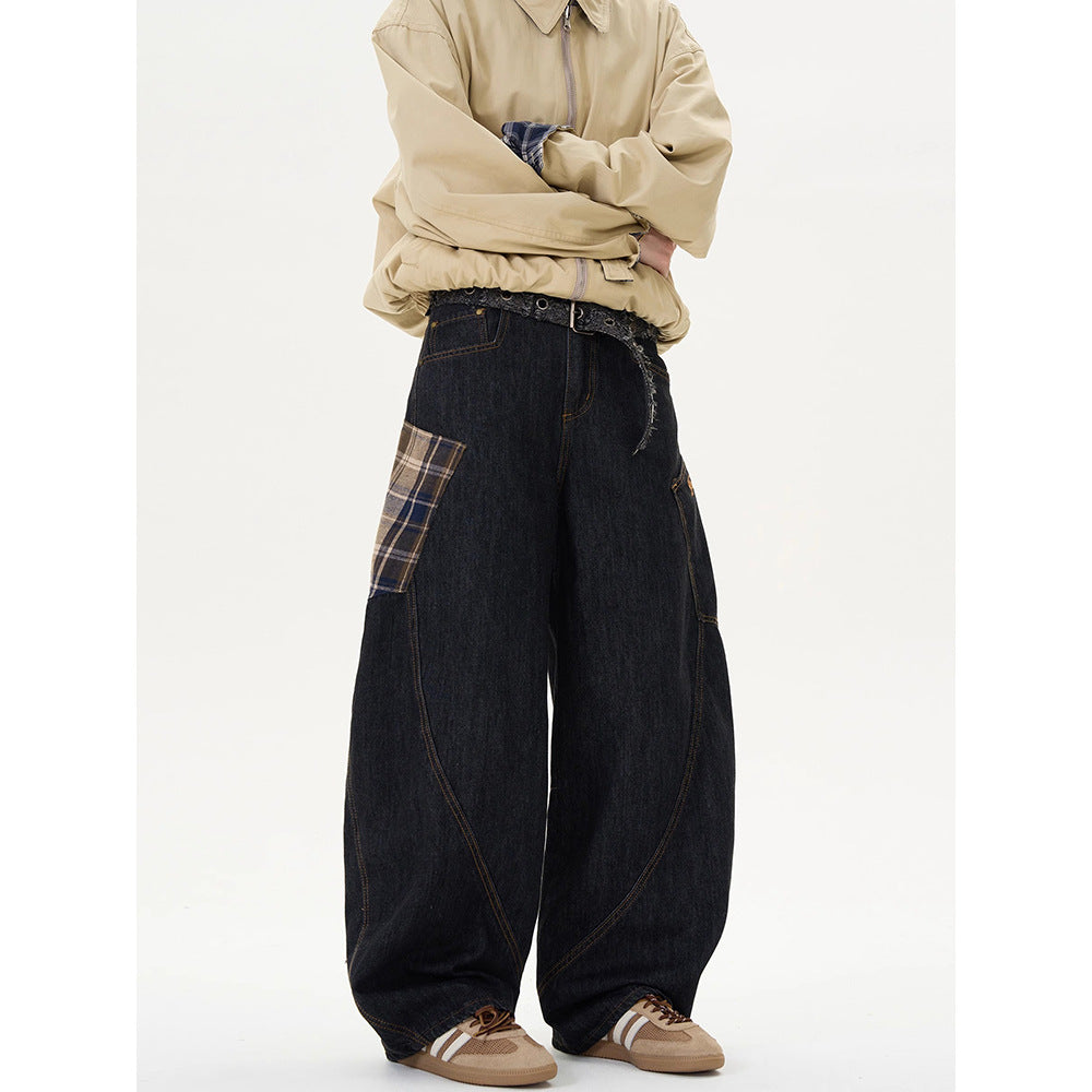 Retro Plaid Straight-Leg Loose Jeans | Cotton Denim