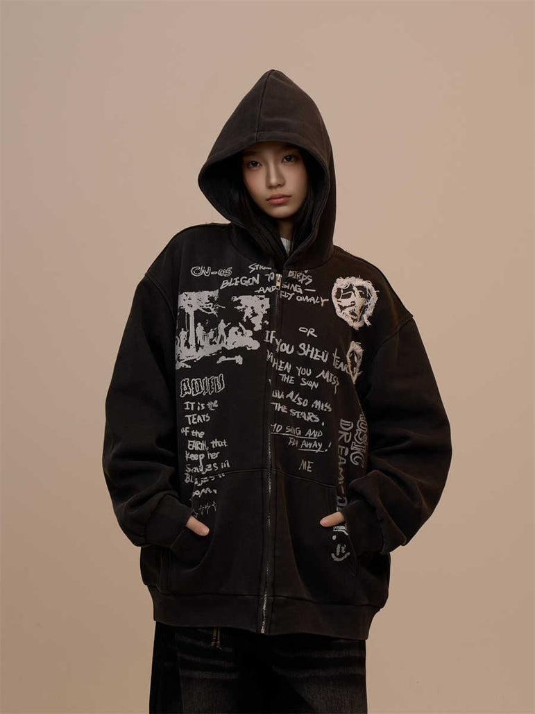 Letter Printed Black Hooded Zipper Coat